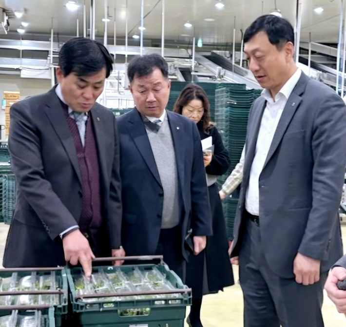 만인산농협 농산물산지유통센터(APC)를 찾은 정해웅 농협충남세종본부장(오른쪽). 충남세종농협 제공