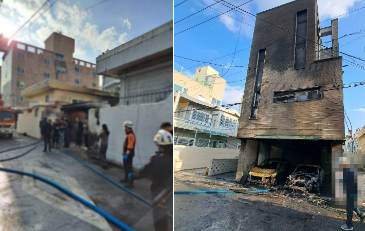 부산의 한 주택에서 난 불이 기름을 타고 반대편 건물까지 번져 2명이 다치고 차량 2대가 불에 탔다. 부산경찰청 제공