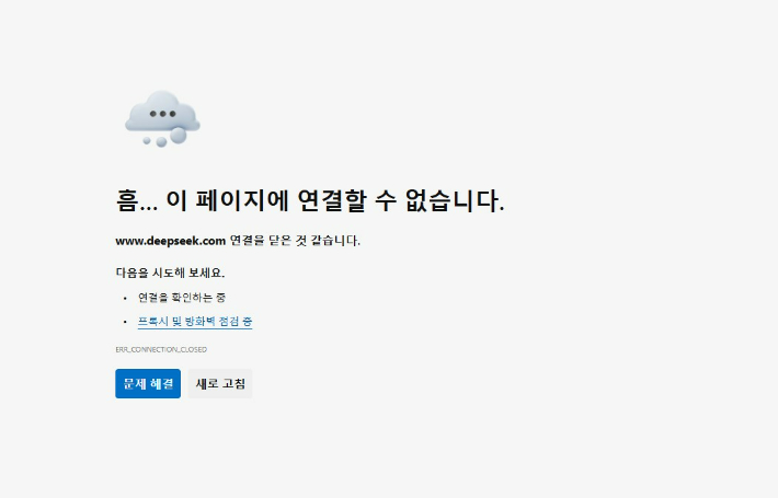 중국 생성형 AI 서비스 딥시크 접속 시 차단된 PC 화면. 부천시 제공