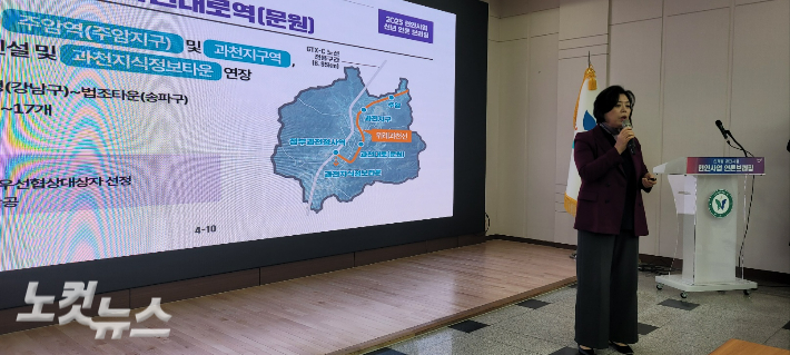 시정 계획을 설명하고 있는 신 시장. 박창주 기자