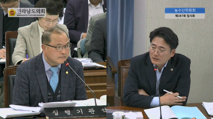 전라남도의회 진호건 의원이 지난 6일 농축산식품국 소관 업무보고에서 전남도 박현식 농축산식품국장에게 질의하고 있다. 전남도의회 제공