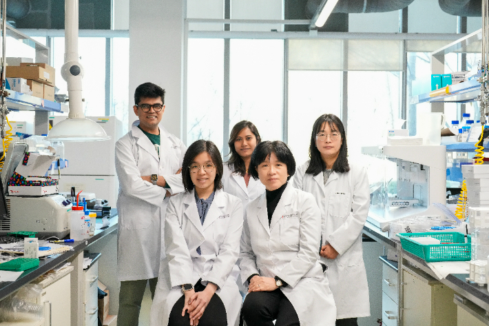 사진 오른쪽 하단부터 시계방향으로. 조윤경 교수, 엘리자베스 마리아 클라리사 연구원(제1저자), 수밋 쿠마르 연구원, 마마타 카르마차리야 연구원, 박주희 연구원. UNIST 제공