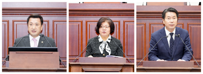 최재필·이강희·김동해 의원이 경주시의회 임시회에서 5분 자유발언을 하고 있다. 경주시의회 제공