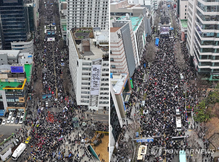(광주=연합뉴스) 정회성 기자 = 15일 오후 광주 동구 금남로에서 경찰버스로 만든 차벽을 사이에 두고 윤석열 대통령 탄핵에 찬성(왼쪽 사진), 반대(오른쪽 사진)하는 집회가 각각 열리고 있다. 2025.2.15 hs@yna.co.kr 연합뉴스