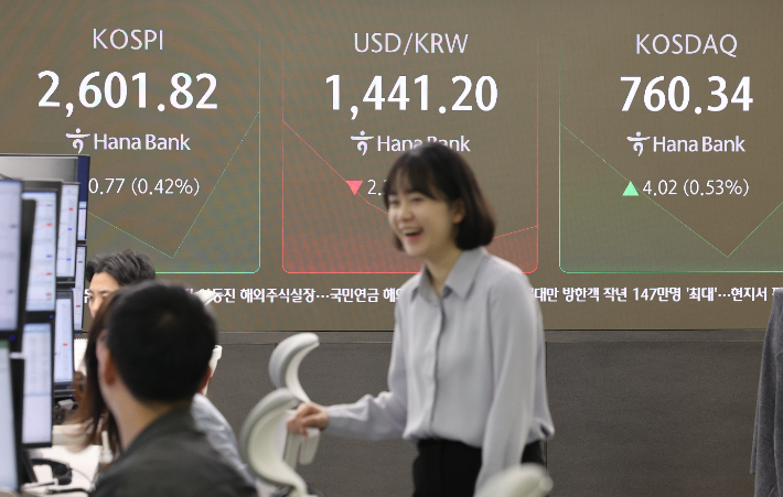 서울 중구 하나은행 딜링룸 현황판에 코스피·코스닥 지수가 표시되고 있다. 연합뉴스 