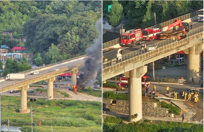 지난해 9월 3일 오전 강릉대교에서 추돌사고 여파로 15m 아래로 추락한 포터 차량에 화재가 발생해 2명이 숨졌다. 독자 제공
