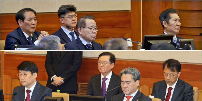 국회 측 변호인단(위쪽)-윤석열 대통령 변호인단. 연합뉴스