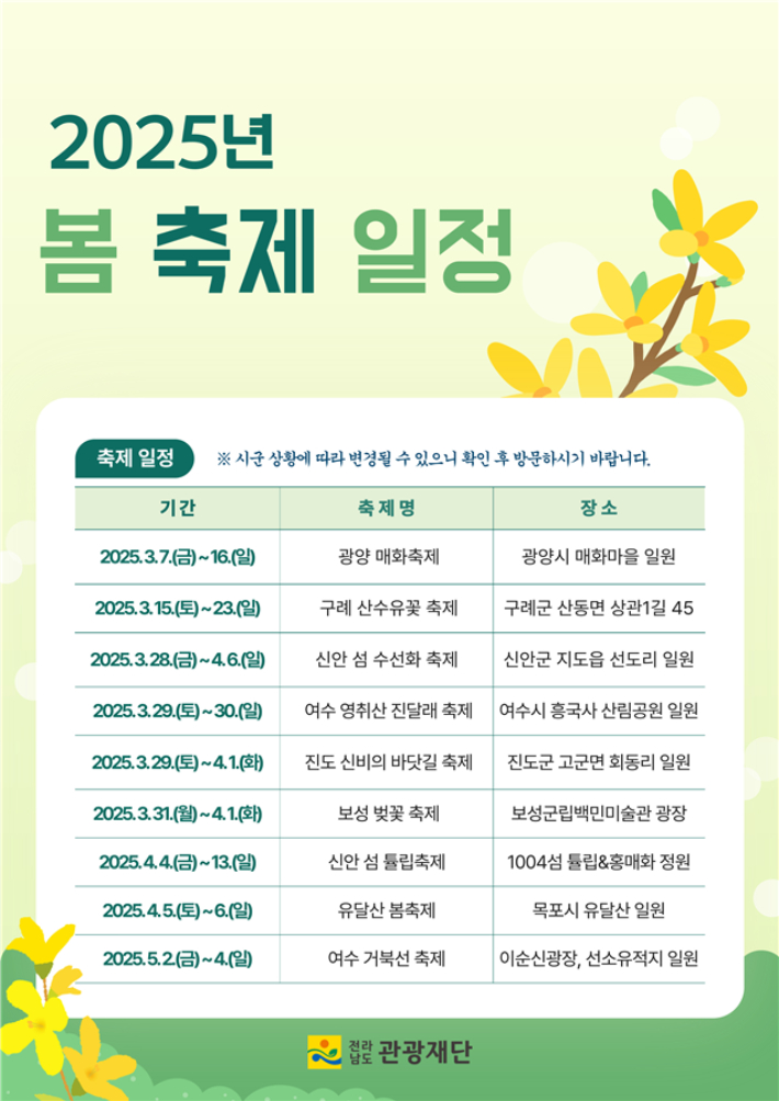 2025년 봄 축제 일정. 전남관광재단 제공