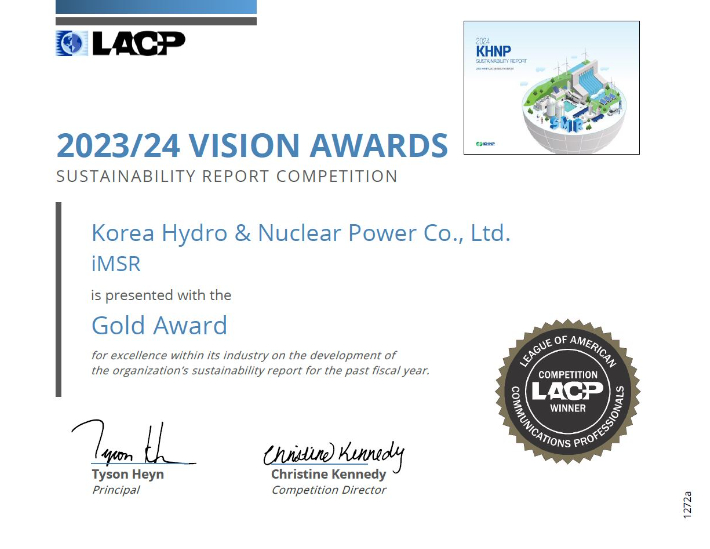 LACP 2023 24 Gold Awards 상장. 한수원 제공