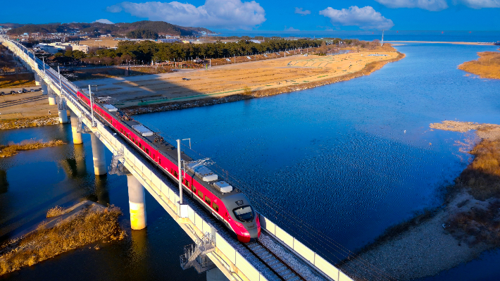 동해선 철도가 울진 왕피천을 지나고 있다. 울진군 제공