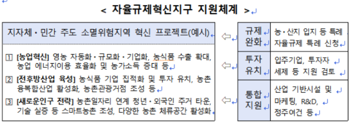 내년까지 10개소를 조성하기로 한 자율규제혁신지구 지원체계. 농식품부 제공