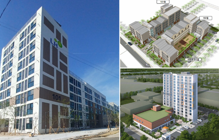 고령자복지주택 전경 및 조감도. 왼쪽부터 안강 고령자 복지주택, 내남 고령자 복지주택, 황성 고령자 복지주택. 경주시 제공