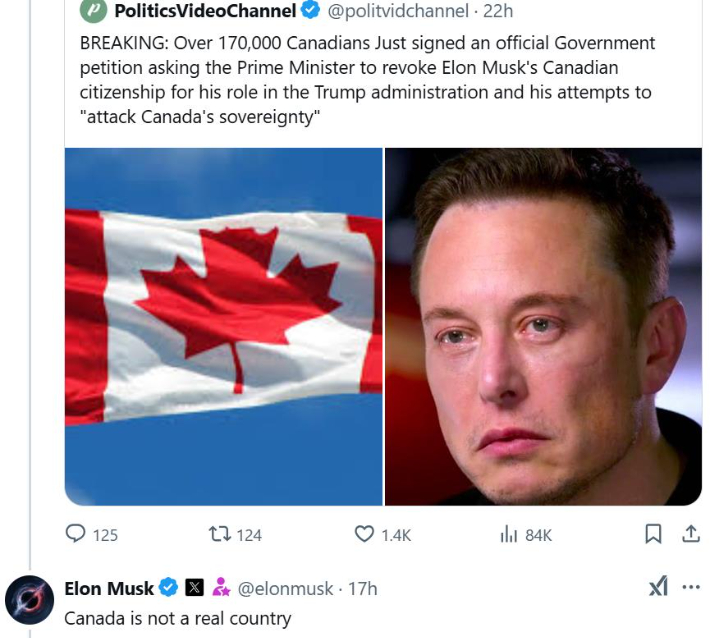 머스크의 캐나다 시민권 박탈을 요구하는 캐나다인들의 청원 소식에 머스크가 쓴 글. X 게시물 캡처