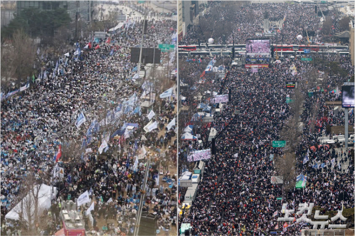 1일 오후 서울 안국역과 광화문역 일대에서 윤석열 대통령 탄핵을 둘러싼 찬반 집회가 열리고 있다. 류영주 기자