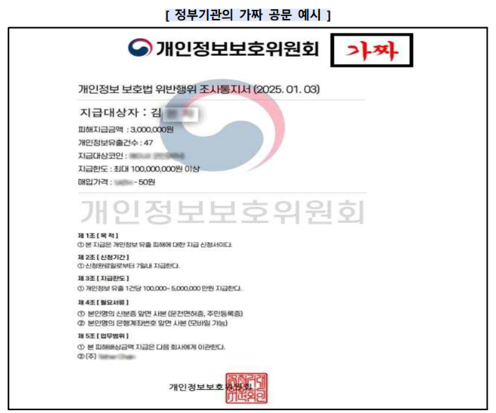 정부기관 가짜 공문 예시. 금감원 제공