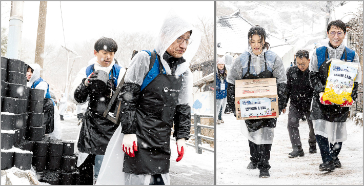 기획재정부 김윤상 제2차관과 행복공감봉사단 단장 박하선 배우가 에너지 취약계층의 따뜻한 겨울을 위해 사랑의 연탄 배달, 생필품 전달 봉사를 하고 있다. 동행복권 제공
