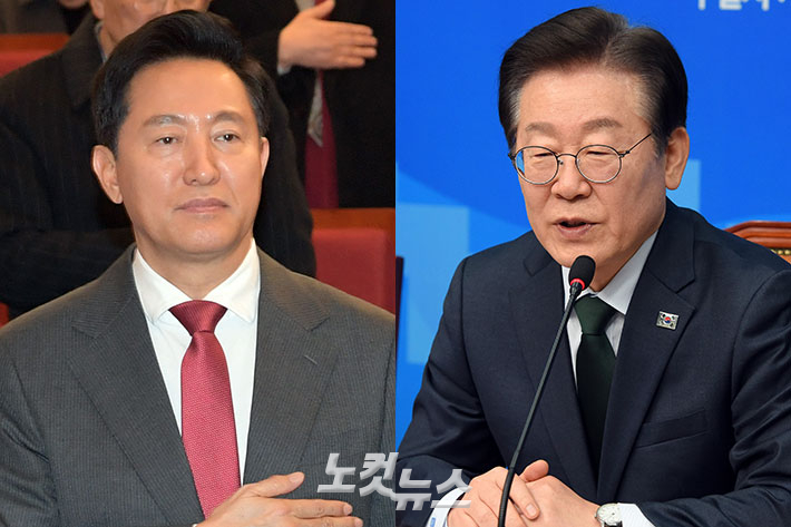 6일 서울 여의도 국회도서관 대강당에서 열린 대한민국 헌정회와 민주화추진협의회가 공동으로 주최하는 "분권형 권력구조 개헌 대토론회"에 참석한 오세훈 서울시장, 오른쪽은 더불어민주당 이재명 대표. 윤창원 기자