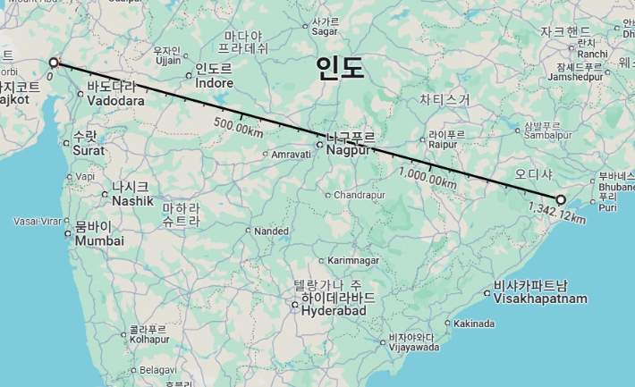 인도가 올림픽 후보지로 내세운 아마다바드에서 하키가 열릴 오디샤까지 거리는 1300㎞를 넘는다. 구글지도 캡처