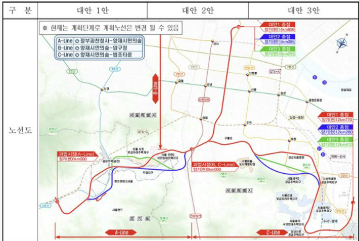 수도권 광역철도 '위례과천선' 입지 대안의 비교검토 표. 국토부 제공