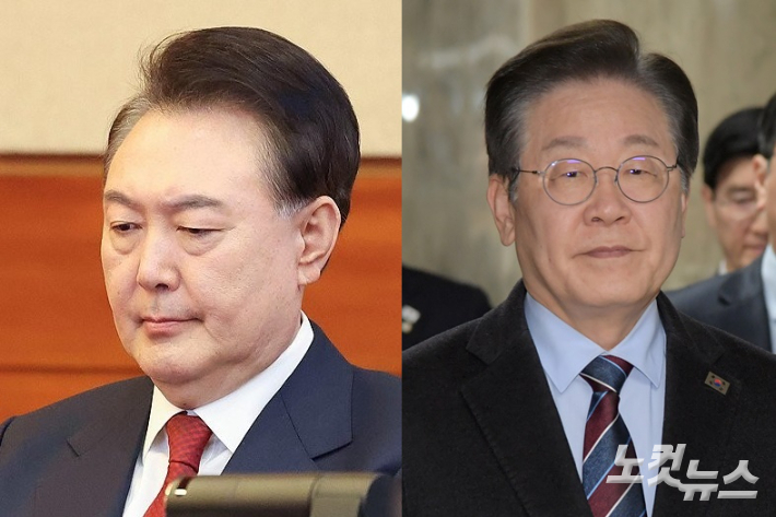 윤석열 대통령(왼쪽)·윤석열 대통령의 석방이 알려진 7일 서울 여의도 국회에서 열린 긴급 의원총회에 참석하고 있는 더불어민주당 이재명 대표. 윤창원 기자