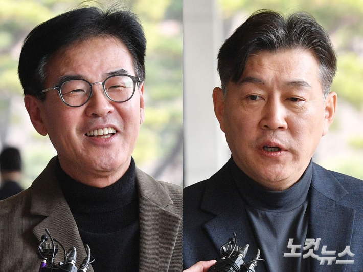 '명태균 여론조사 대납 의혹'과 관련해 오세훈 서울시장의 측근인 강철원 전 서울시 정무부시장과 박찬구 정무특보가 10일 오후 서울 서초구 서울중앙지방검찰청에 참고인, 고소인 자격으로 조사받기 위해 출석하고 있다. 류영주 기자