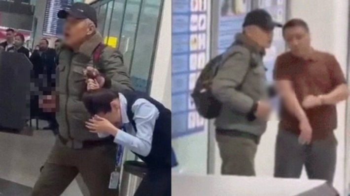 카자흐스탄 알마티 공항에서 난동범이 여직원을 인질로 삼은 모습(왼쪽)과 여직원 대신 인질로 붙잡힌 무사 압드라임. 온라인커뮤니티 캡처