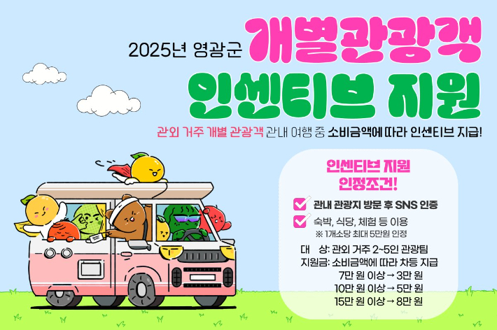 전남 영광군은 소규모 여행 수요가 증가하는 여행 트랜드에 따라 개별 관광객 유치 인센티브 지원사업을 3월 1일부터 실시한다. 영광군 제공