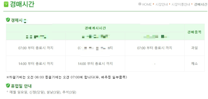 농산물도매시장 경매 시간 안내. 순천시 홈페이지 캡처