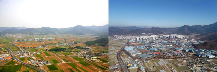대구 테크노폴리스의 옛 모습(왼쪽), 현재 모습(오른쪽). 대구 달성군 제공