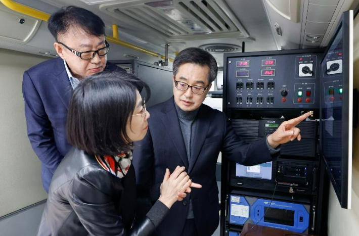 14일 오전 김동연(오른쪽) 경기도지사가 강신기 우양이엔지 대표 등이 참석한 가운데 미세먼지 집진기를 살펴보고 있다. 경기도 제공