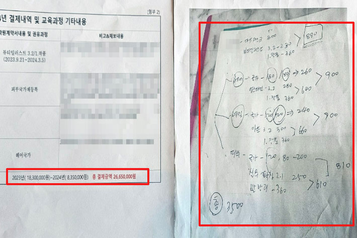 2023년부터 2024년까지 교습비 결제 내역(왼쪽)과 2023년말 A학원 상담 교습비 내역. 학부모 이씨 제공