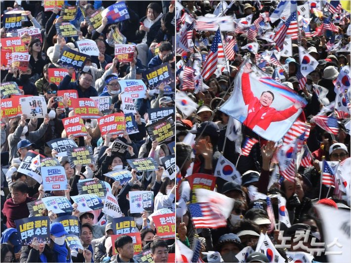 윤석열 대통령에 대한 탄핵심판 선고가 임박한 주말인 15일 서울 종로구 경복궁 동십자각과 세종대로 일대에서 윤 대통령 탄핵 찬반 집회가 열리고 있다. 류영주 기자