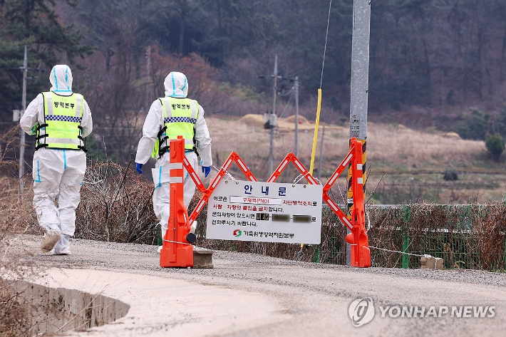(무안=연합뉴스) 정다움 기자 = 16일 낮 구제역이 발생한 전남 무안군 한 한우농장 앞에서 방역본부 관계자들이 출입 통제 안내판 너머로 이동하고 있다. 전남 지역에서는 지난 14일 영암군 한 한우농장에서 지역 최초로 구제역이 발생했고, 영암·무안 등 5개 농장이 구제역 양성 판정을 받았다. 2025.3.16 daum@yna.co.kr 연합뉴스