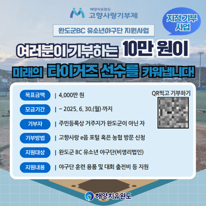 전남 완도군은 야구를 사랑하는 아이들을 위해 고향사랑기부제 지정 기부 사업으로 '완도군BC 유소년 야구단 육성 지원'을 선정했다고 21일 밝혔다. 완도군 제공