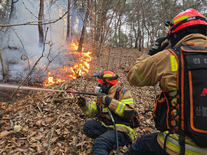 화마와 사투 벌이는 산불진화대원들. 연합뉴스 