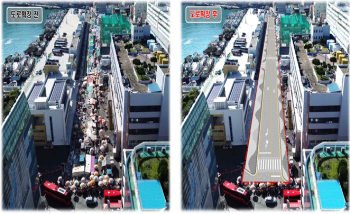 자갈치아지매시장 앞 도로 확장 전후 예상도.  부산시 제공