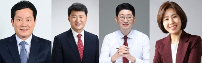 내년 부산 해운대구청장 출마설이 나오고 있는 더불어민주당 홍순헌 해운대갑 지역위원장, 김승수 현 해운대구청장. 현 해운대갑 주진우 국회의원, 현 해운대을 김미애 국회의원. 의원실 등 제공