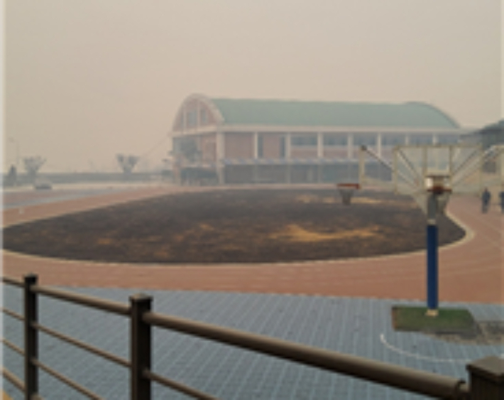 산불 연기에 뒤덮인 청송여고 교정의 잔디가 시커멓게 탔다. 경북교육청 제공 