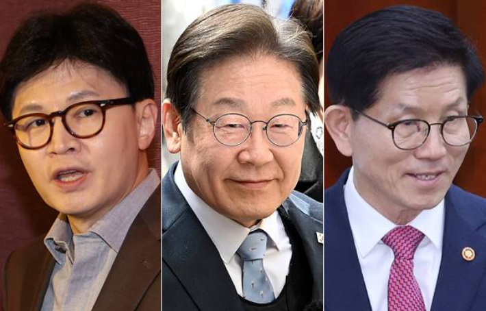 (왼쪽부터)한동훈 국민의힘 전 대표·이재명 더불어민주당 대표·김문수 고용노동부 장관. 연합뉴스