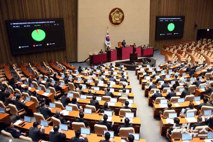 4일 서울 여의도 국회에서 열린 제424회국회(임시회) 제1차 본회의에서 기획재정부장관(최상목) 탄핵소추안의 법제사법위원회로의 회부 동의의 건이 재석 188인, 찬성 179인, 반대 6인, 기권 3인으로 가결되고 있다.