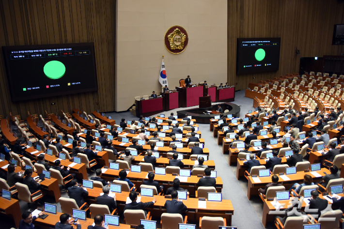 4일 서울 여의도 국회에서 열린 제424회국회(임시회) 제1차 본회의에서 12.3. 윤석열 비상계엄을 해제한 대한민국 국민께 드리는 감사문에 대한 수정안이 재석 187인, 찬성187인, 반대 0인, 기권 0인으로 가결되고 있다. 윤창원 기자
