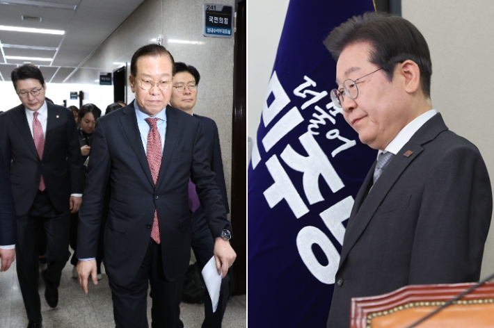 국민의힘 권영세 비상대책위원장이 4일 서울 여의도 국회에서 헌재의 윤석열 전 대통령 탄핵 인용이 발표되자 입장을 밝힌 뒤 이동하고있다. 오른쪽은 더불어민주당 이재명 대표가 서울 여의도 국회에서 헌법재판소의 윤석열 대통령 파면 선고에 대한 입장을 밝히기 위해 회의장으로 들어서는 모습. 연합뉴스