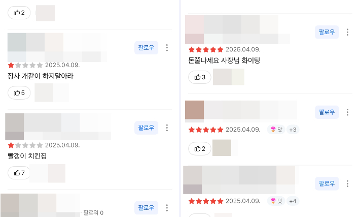 해당 프랜차이즈 치킨집에 달린 별점과 리뷰. 카카오맵 캡처