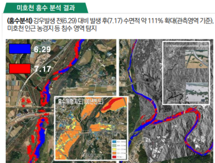 수자원위성 정보를 이용한 미호천 홍수 분석 결과. 한국수자원공사(K-water) 제공