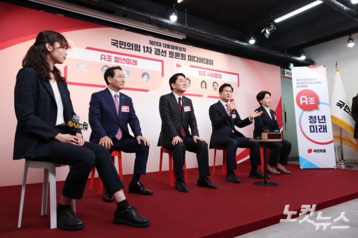 17일 서울 여의도 국민의힘 중앙당사에서 열린 제21대 대통령선거 국민의힘 1차 경선 토론회 미디어데이에서 김문수 전 고용노동부 장관이 출마의 변을 발표하고 있다. 윤창원 기자