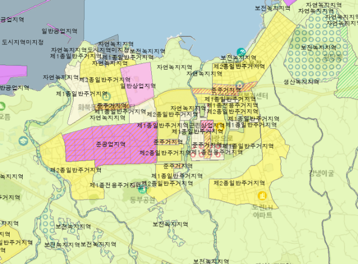 제주시 삼화지구 용도지역별 표시도. 제주도 공간포털 캡처
