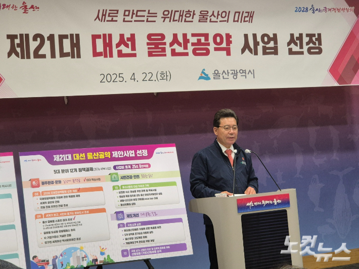 임현철 울산시 대변인이 22일 시청 프레스센터에서  제21대 대선 울산공약 사업을 발표하고 있다. 이상록 기자