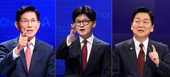 국민의힘 대선 2차 경선 진출자인 김문수, 한동훈, 안철수 후보. 국회사진취재단