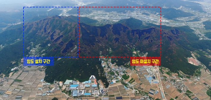 2022년 밀양 산불 당시, 임도 설치 지역과 미설치 지역 비교. 산림청 제공