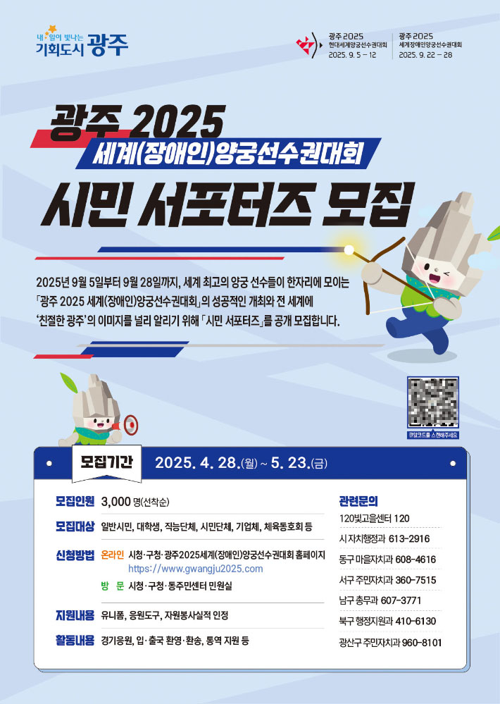 광주광역시는 오는 9월 열리는 '광주 2025 현대세계양궁선수권대회 및 세계장애인선수권대회'의 성공 개최를 위해 시민 서포터즈 3290명을 모집한다. 광주시 제공